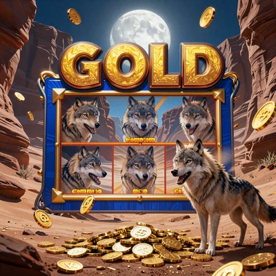 Wolf Gold Slot mit W&ouml;lfen unter Vollmond und Canyon-Landschaft
