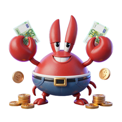 Bonus Crab Maskottchen mit Goldm&uuml;nzen und Bonusgewinnen in den Scheren